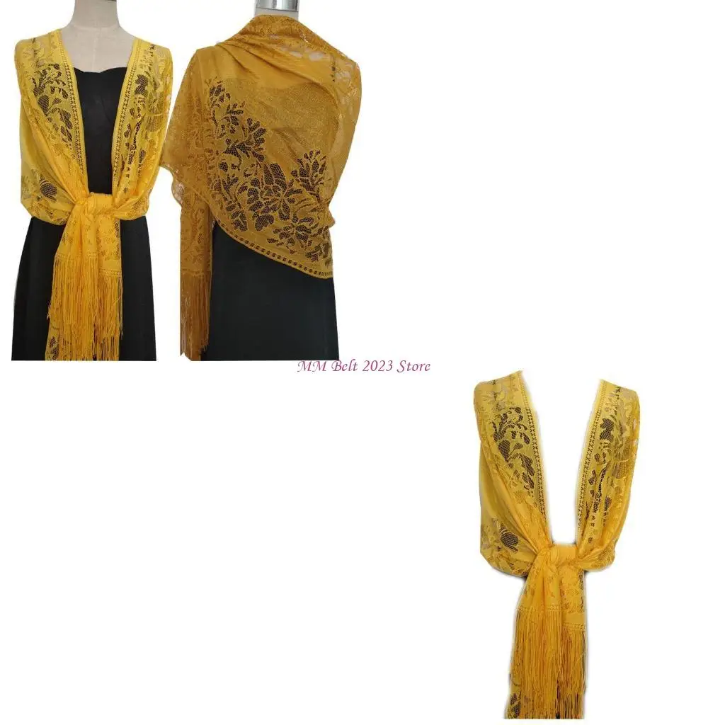 

49ME 185x63cm Womens 1920s Scarf Wraps Hollow Out Crochet Floral Lace Fringed Tassels