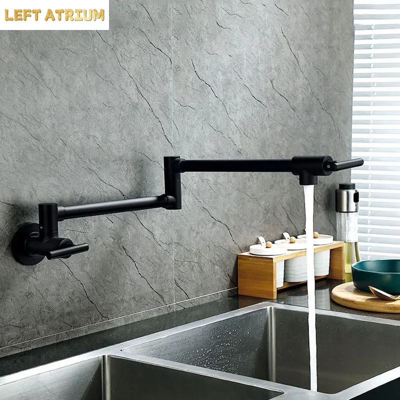 Black Wall Mounted Pot Filler Faucet Swivel Folding Rotary Kitchen Sink Faucet Brushed Gold Single Cooling Sink Tap