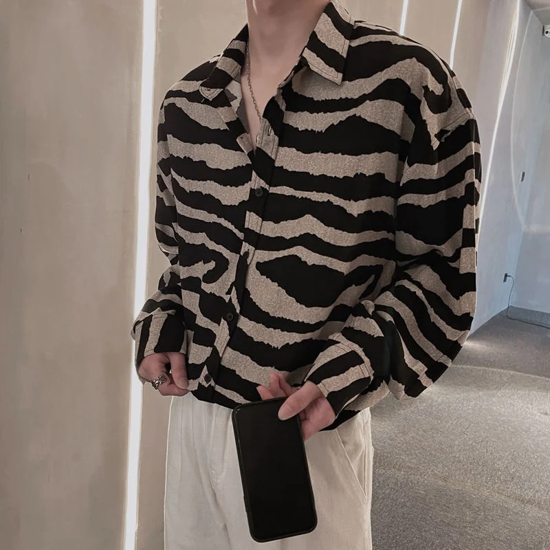 Korean Version Spring Summer Vintage Long Sleeve Lapel Loose Trend Handsome Fashion Casual Printed Thin Hong Kong Breeze Shirts