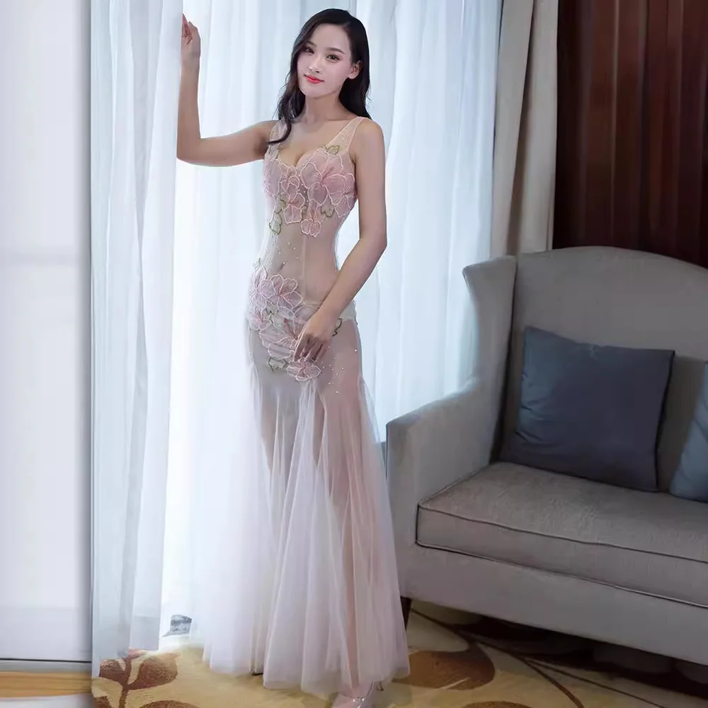 

Sexy See-tough Lace Me Slim-fit Low-cut G80 Evening Dr for Date Night KTV Car ow Transparent Clothing Nylon Fabric