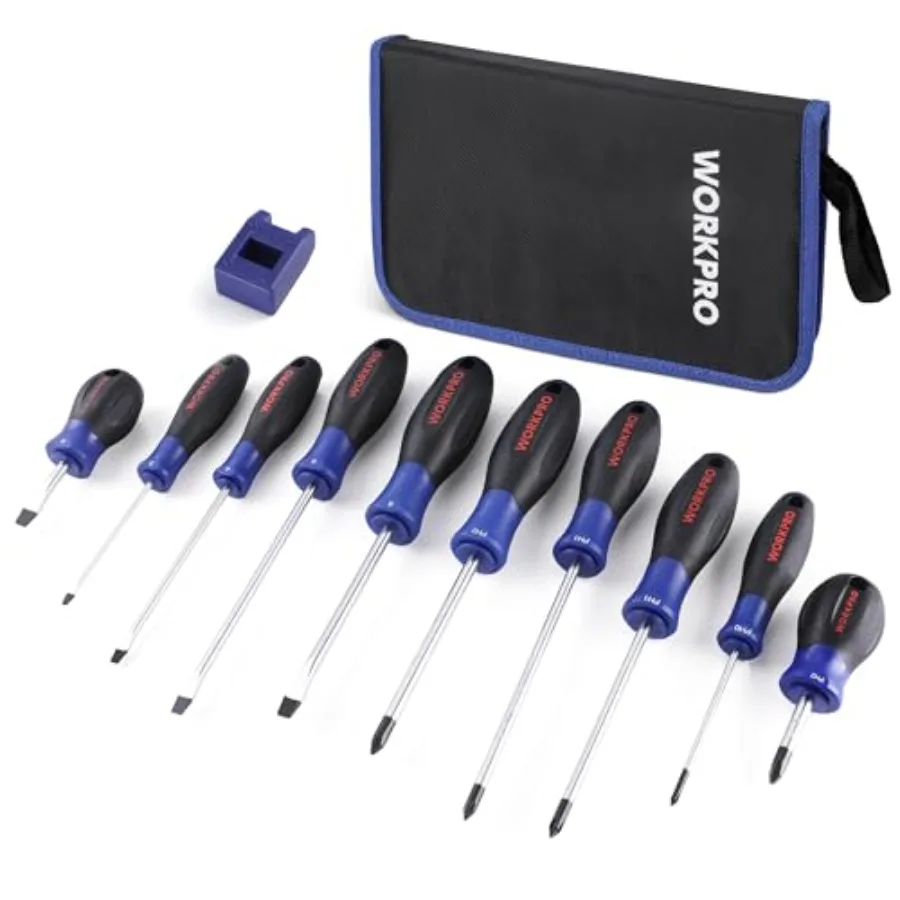 

10Piece Magnetic Screwdriver Set with Pouch Featuring Phillips Slotted and Flat Head Bits Includes Magnetizer NonSlip Grip Desi