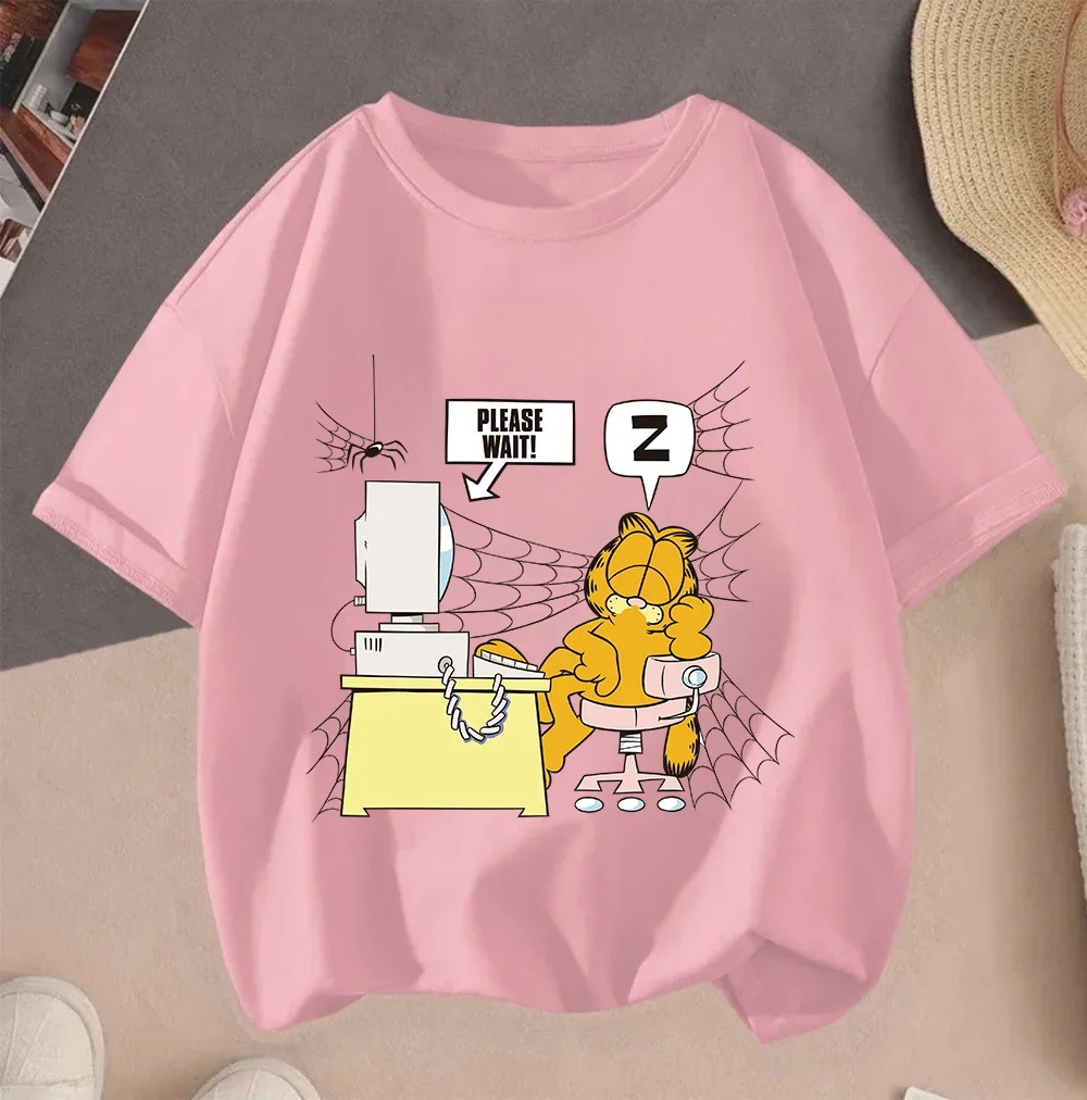 

Популярная футболка с изображением Гарфилда, летние милые повседневные модные топы с круглым вырезом для детей 3-14 лет