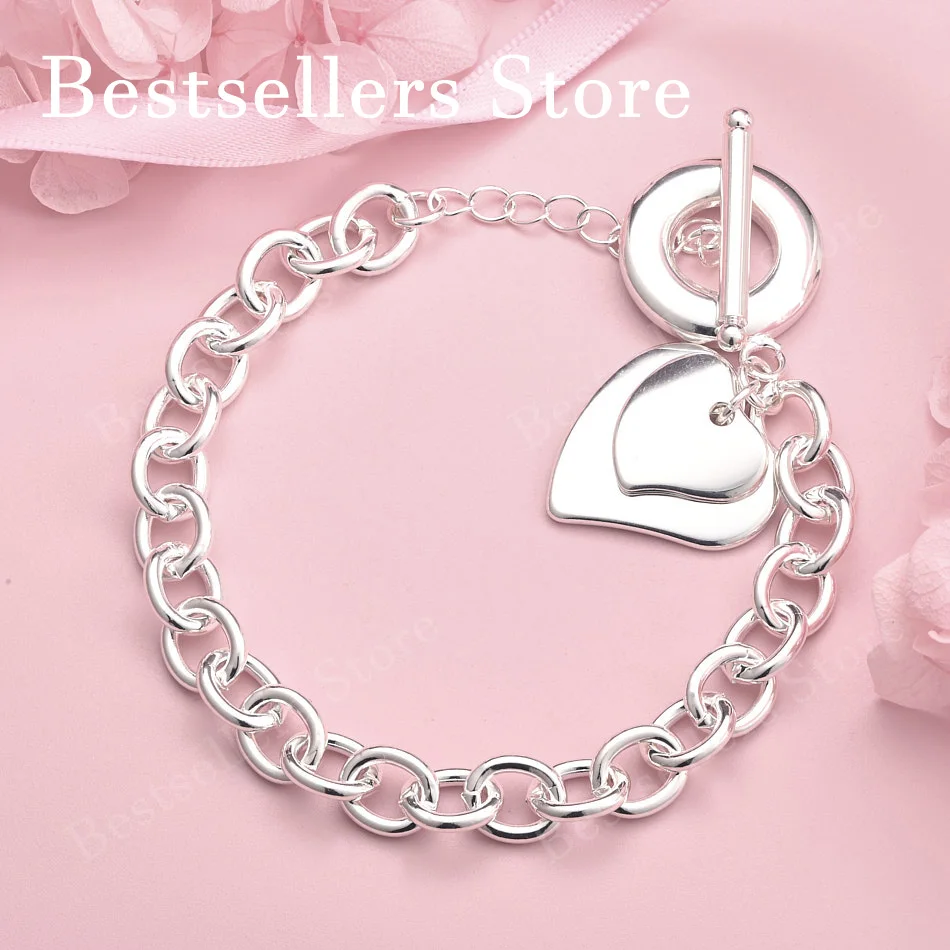 

Элегантный браслет из стерлингового серебра 925 пробы, 8 дюймов, изысканный, двухслойный, в форме сердца, для женских модных вечеринок, свадебных подарков.
