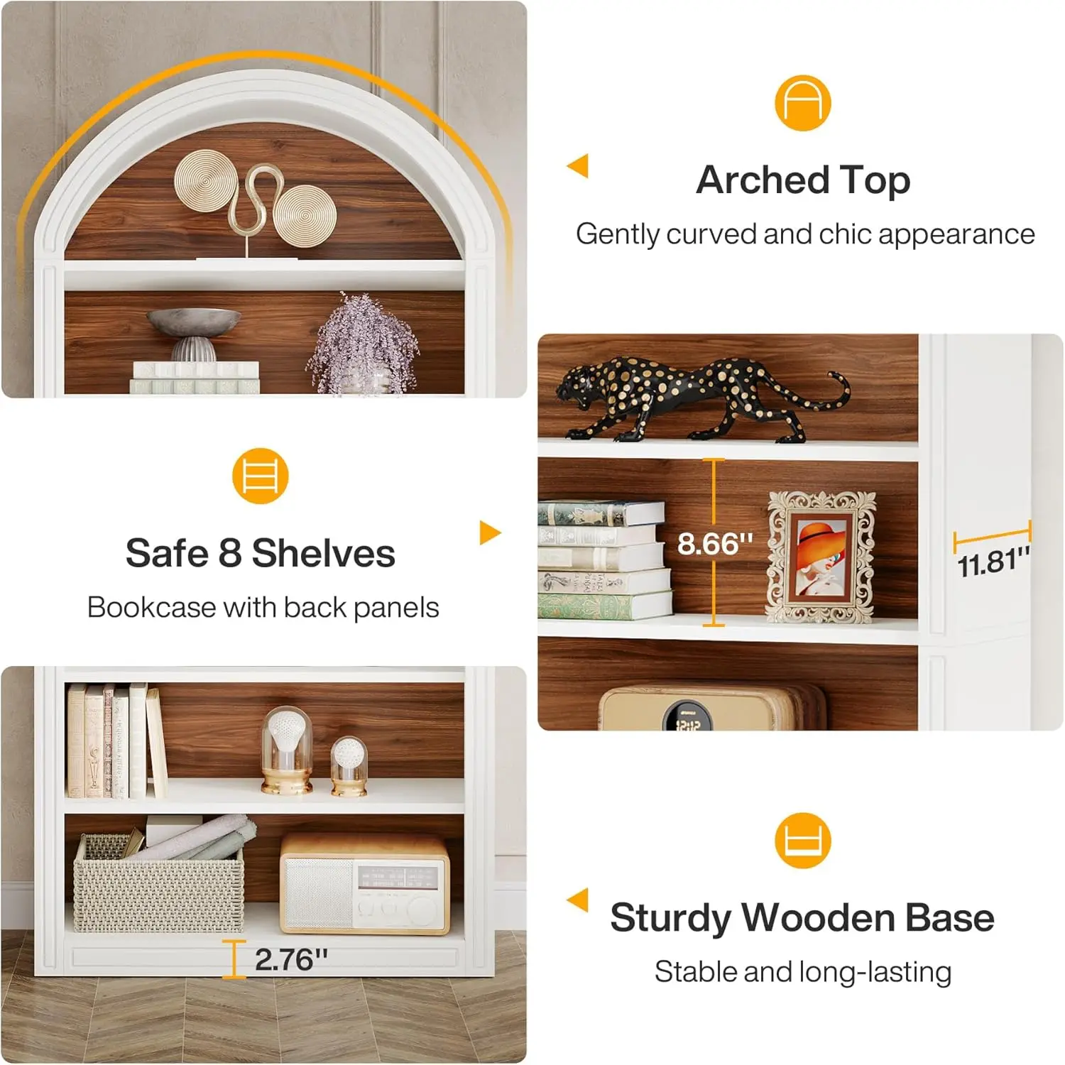 Estante arqueada moderna com armazenamento, unidade de prateleira aberta de piso de 8 camadas para sala de estar, quarto, escritório doméstico