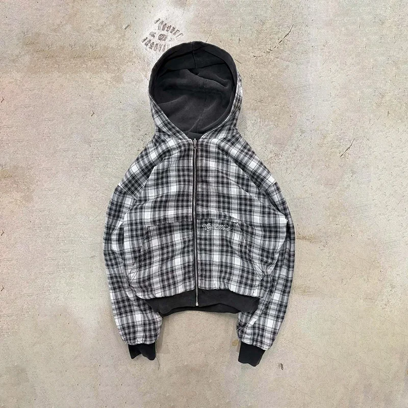 American Retro Reversible Plaid Zipper Hoodie Sweatshirt Mens Womens Casual Plaid Sweatshirt Solid Color Lining Y2K Street Style