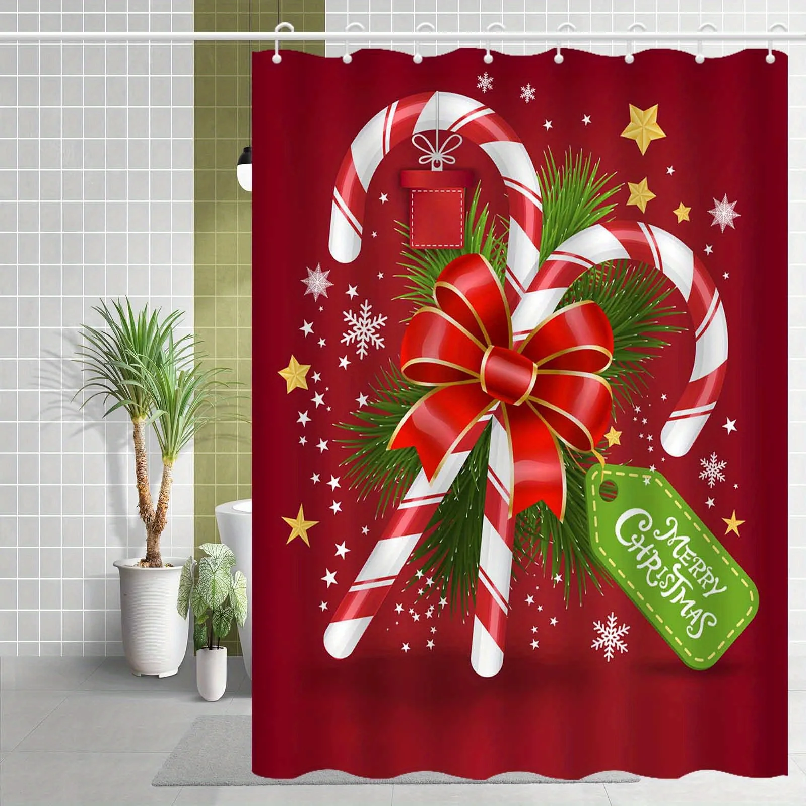 1pc Red Christmas Snowflake Cane Candy Bow Shower Curtain, High-End Elegant Bathroom Curtain, Bathroom Decoration Pattern