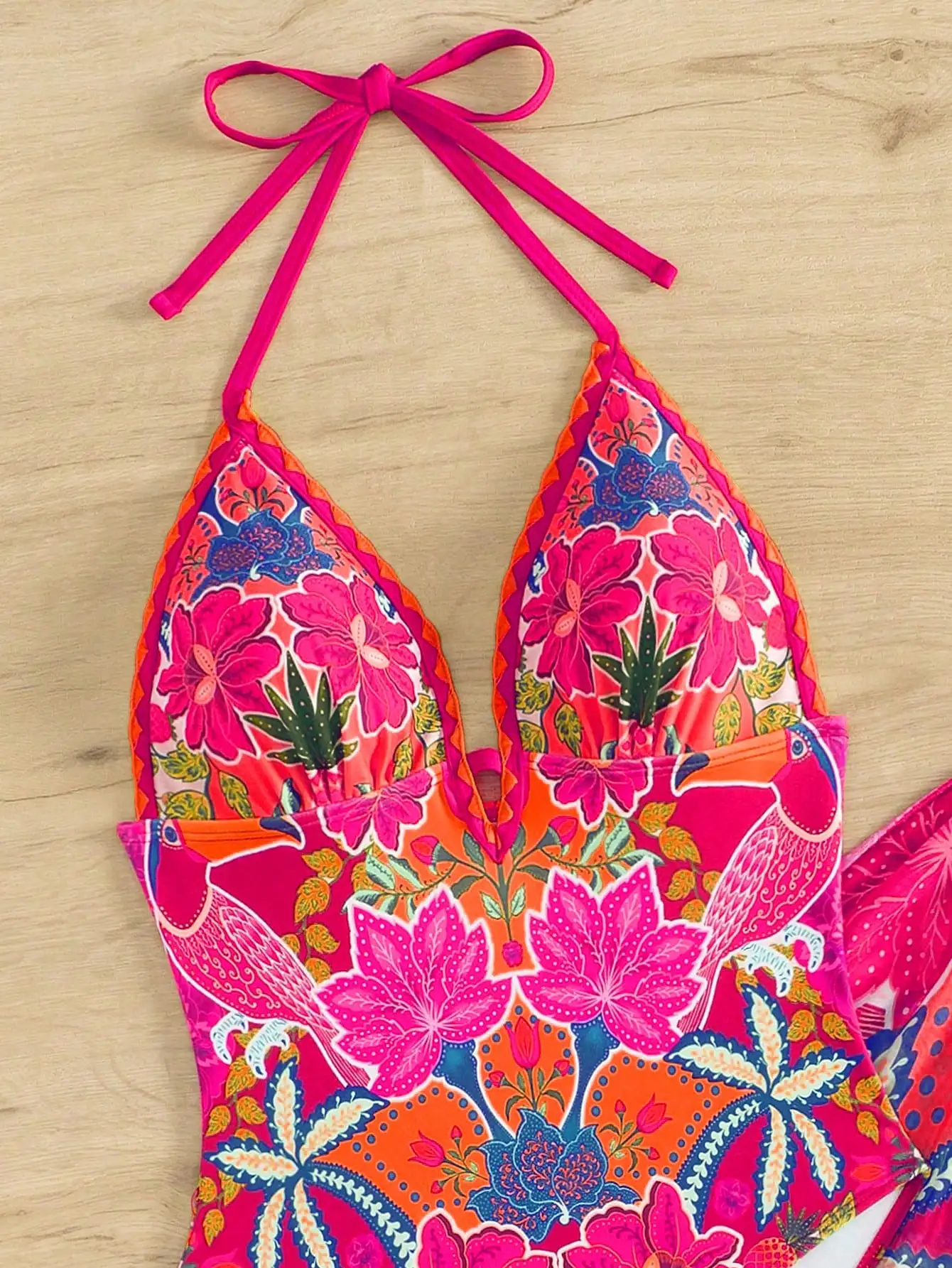 

V-Neck Halter Backless One-Piece Swimsuit With Floral Toucan Print And Matching Wrap Skirt For Summer Beach Vacation