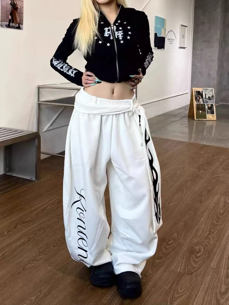 

HOUZHOU White Letter Graphic Print Women Sweatpants Harajuku Wide Leg American Vintage Jogging Pants Oversized Hip Hop Casual