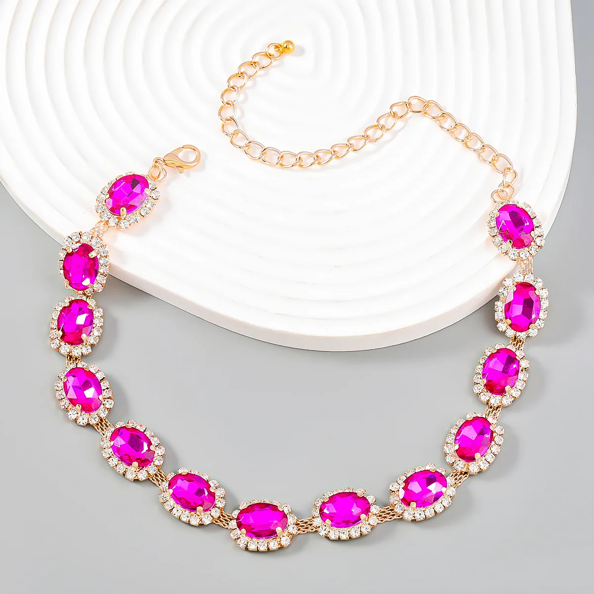 Gold Luxury Fuchsia Green Zircon Statement Choker Clavicle Necklace Jewelry for Women