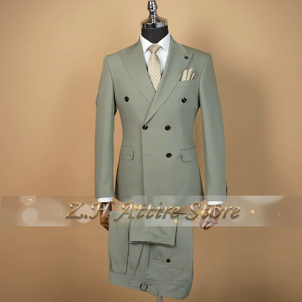 

Formal men's suit sage green 2pcs suit peak lapel double-breasted jacket pants set wedding prom party interviews wear for male
