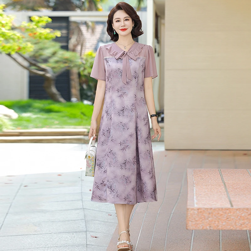 Abito chic da donna Colletto sciarpa Elegante stampa floreale Abiti da ufficio a trapezio Vestido da donna diviso da fata