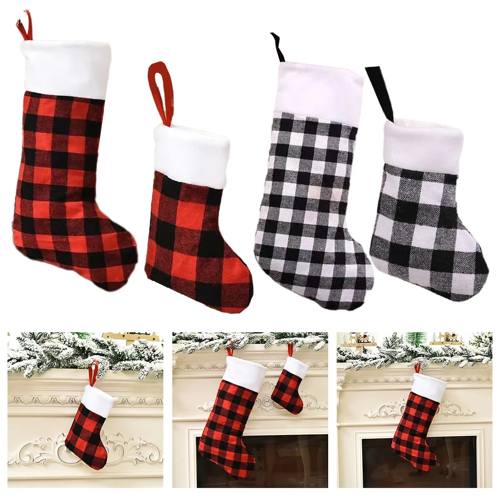 Decoración navideña a cuadros para celebración navideña, adornos acogedores para chimenea, tamaños grandes y pequeños, Material de lino y franela