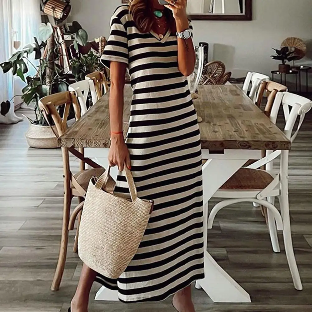 

Round Short Sleeve Dress Black And White Striped Dresses Casual Elegant Side Split V Neck Sheath Slim Dress Summer Bodycom Dress