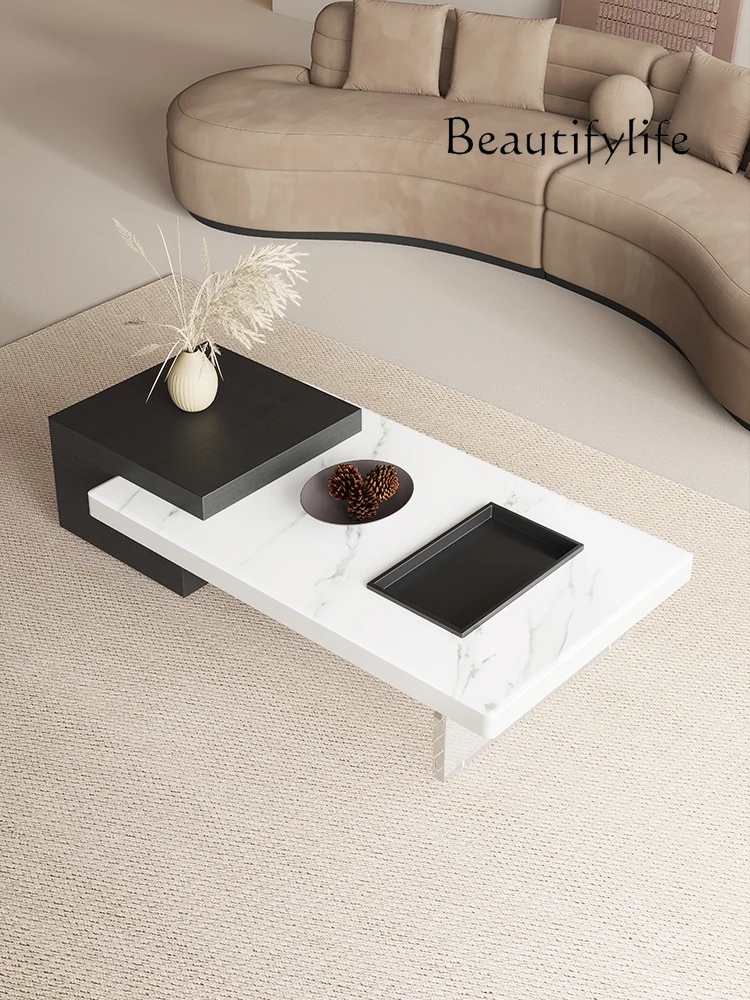 Sili Style Square Coffee Table Simple Living Room Super Crystal Stone High-End Design Retractable Tea Table