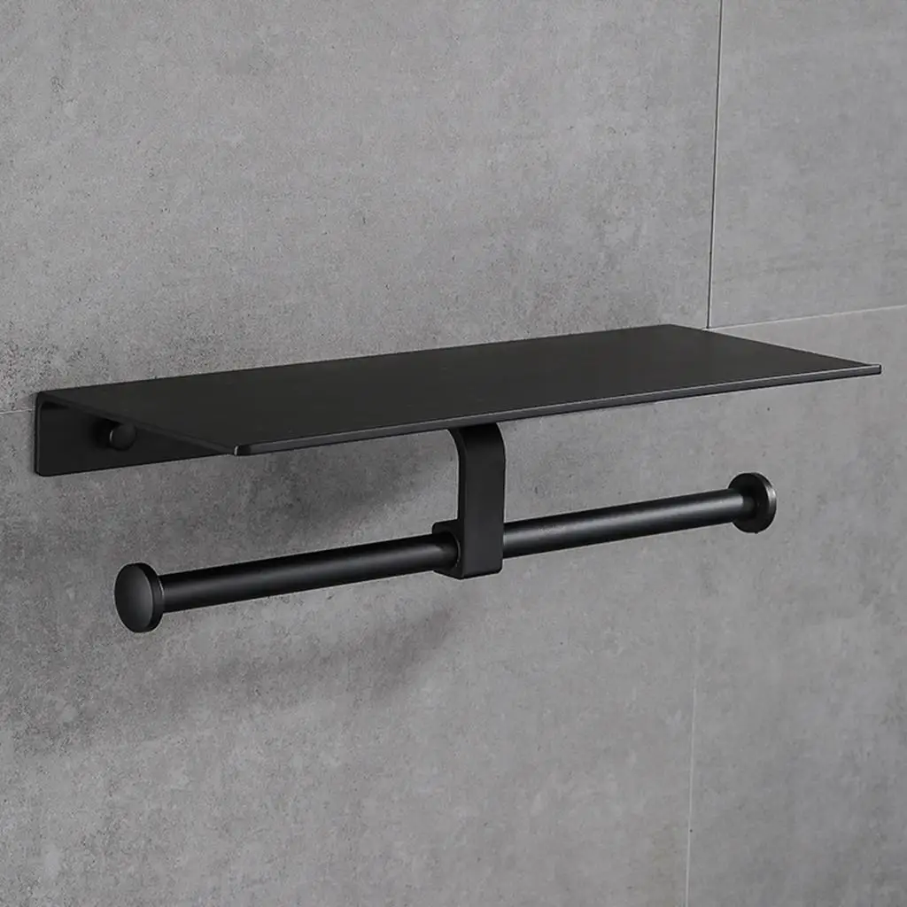 Bathroom Holder with Shelf, Aluminium Double Roll Toilet Tissue Holder Wall Mounted for Mobile Phone Storage, Dispenser