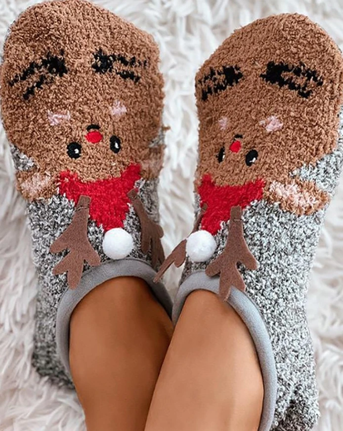 3Pairs Christmas Reindeer Pattern Socks Fleece Lined Fuzzy Non Slip Socks Winter New Fashion Casual Socks