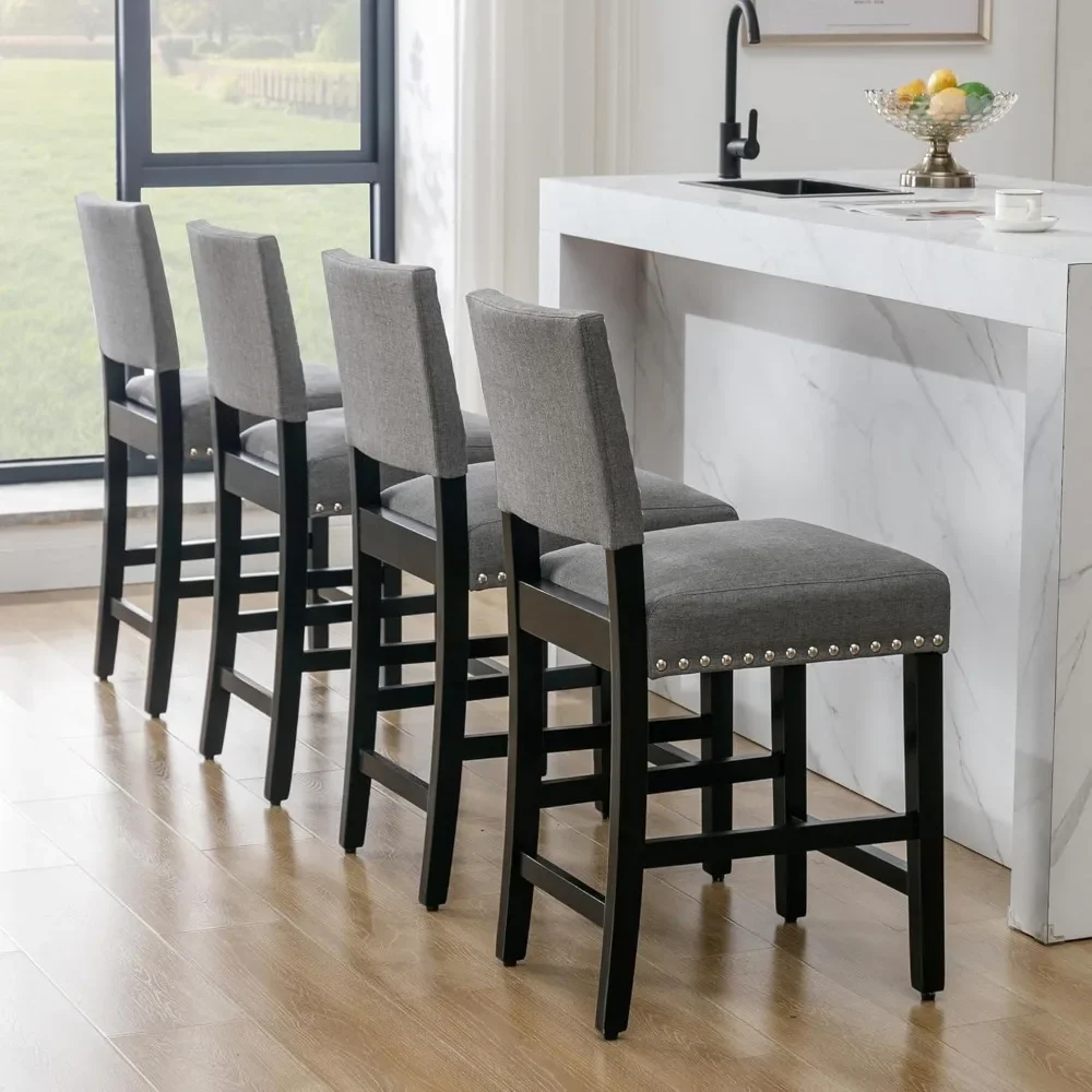 Bar Stool, Fabric Upholstered Barstools with Back and Wood Leg, Armless Dining Chairs, Set of 4 Bar Stool