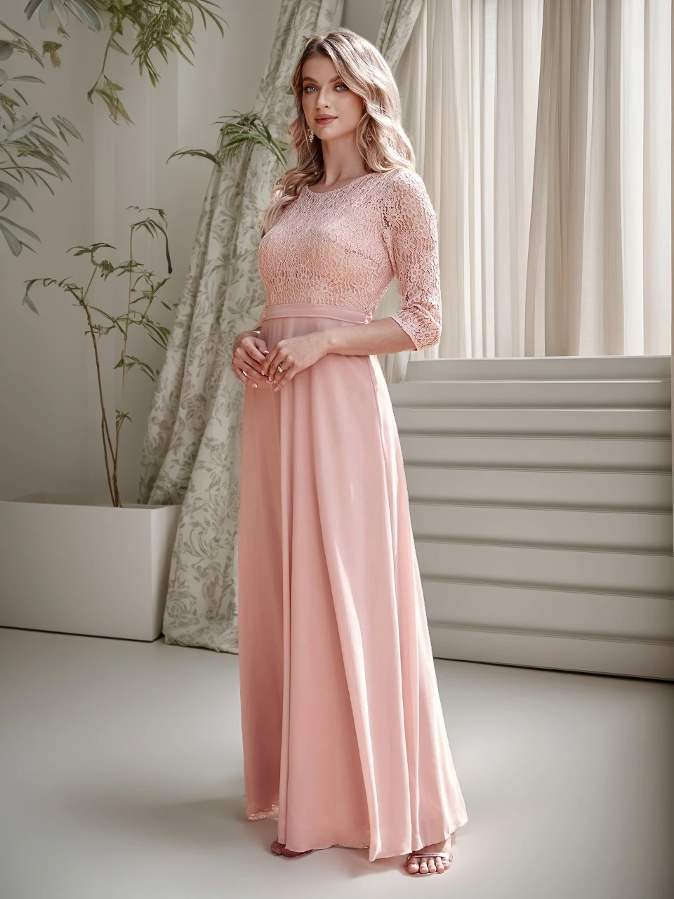 

BABYONLINE Floral Lace Evening Dresses Cutout 3/4 Sleeve O-Neck Zipper Back Empire Prom Dress Chiffon A-Line Long Party Vestidos