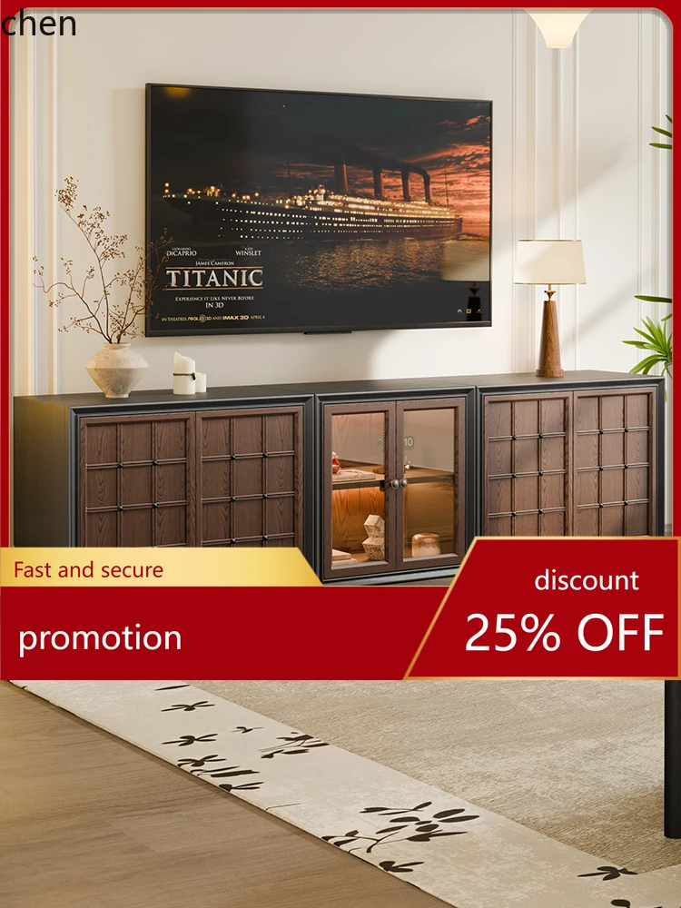 HT Solid Wood Floor-standing TV Cabinet Module Combination Vintage Style Display Cabinet Storage Cabinet Home Coffee Table Set