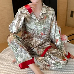 Women's Pajamas Sets Spring Autumn 2 Piece Forest Print Pyjama Faux Silk Satin Sleepwear Long Sleeve Pijama Mujer Pjs Homewear