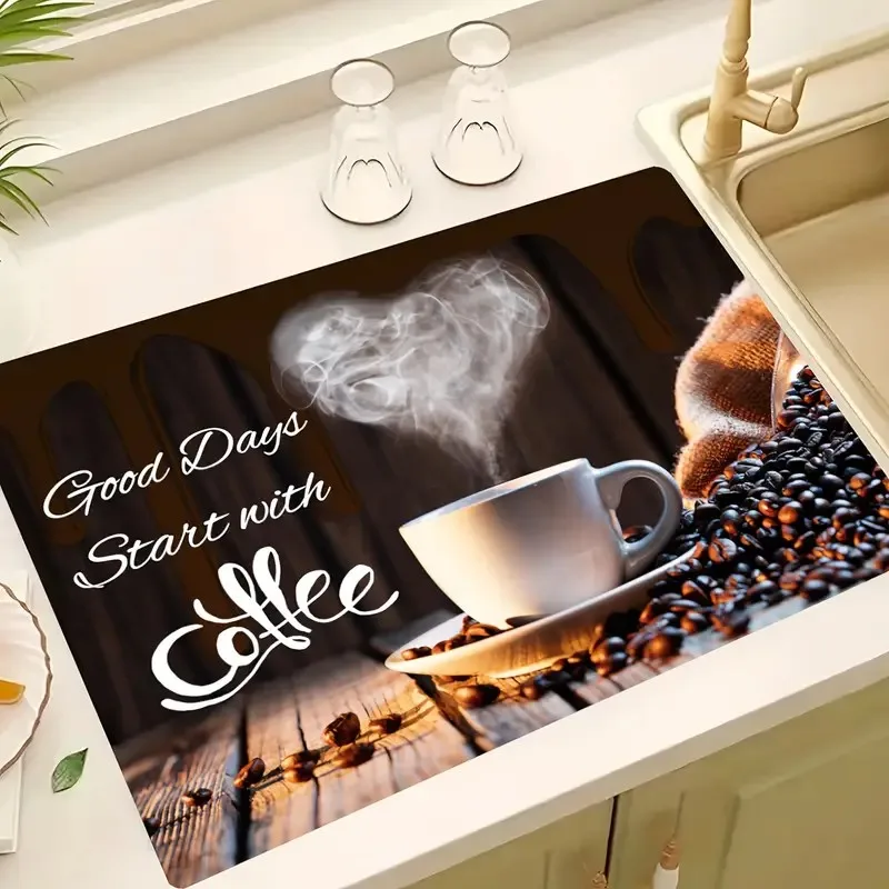 

Classic Coffee Design Dish Drying Mat Soft Rubber Non-Slip Absorbent Stain-Resistant for Kitchen Coffee Bar Countertops