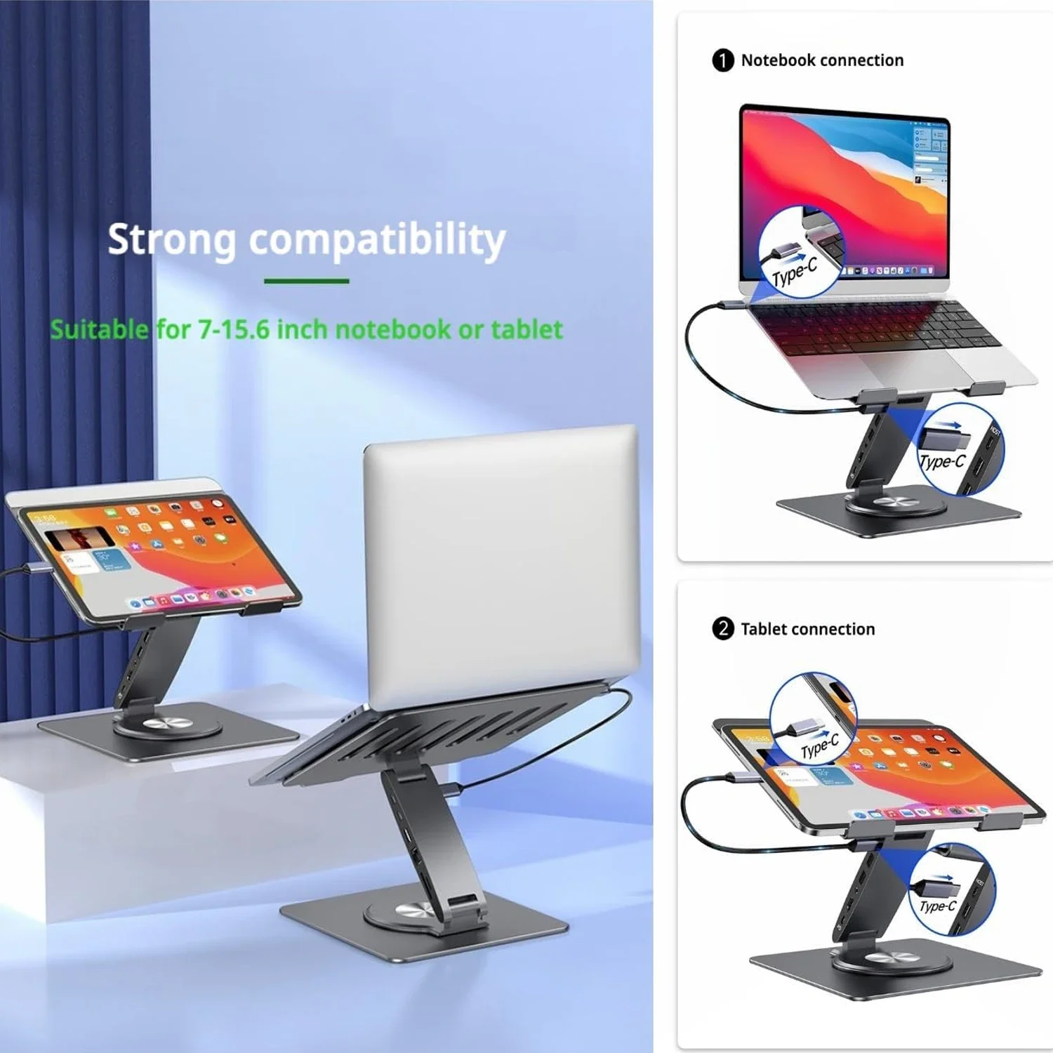 Laptop Stand for MacBook Pro Air Dell HP Surface 360° Rotatable Foldable with USB Hub 4K 60Hz Universal Laptop Bracket Holder