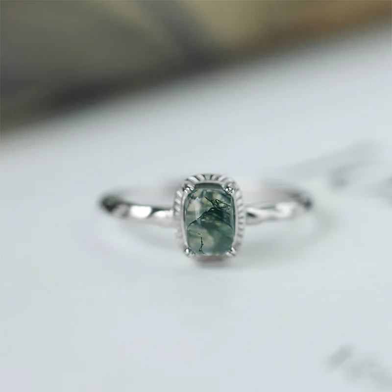 

Natural Water Moss Agate Ring for Women S925 Sterling Silver Green Moss Adjustable Band Fashion Simple Style
