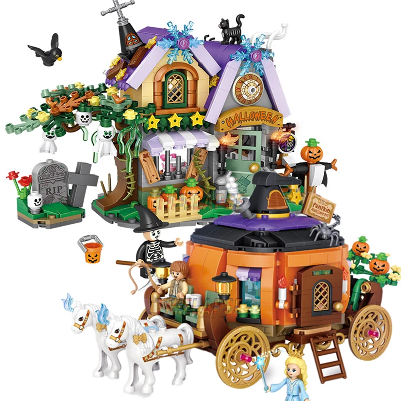 Juego de bloques de construcción de carrito de calabaza para niños, juguete de construcción con ladrillos para armar tienda de Halloween, ideal para