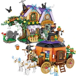 Juego de bloques de construcción de carrito de calabaza para niños, juguete de construcción con ladrillos para armar tienda de Halloween, ideal para viajes, novedad