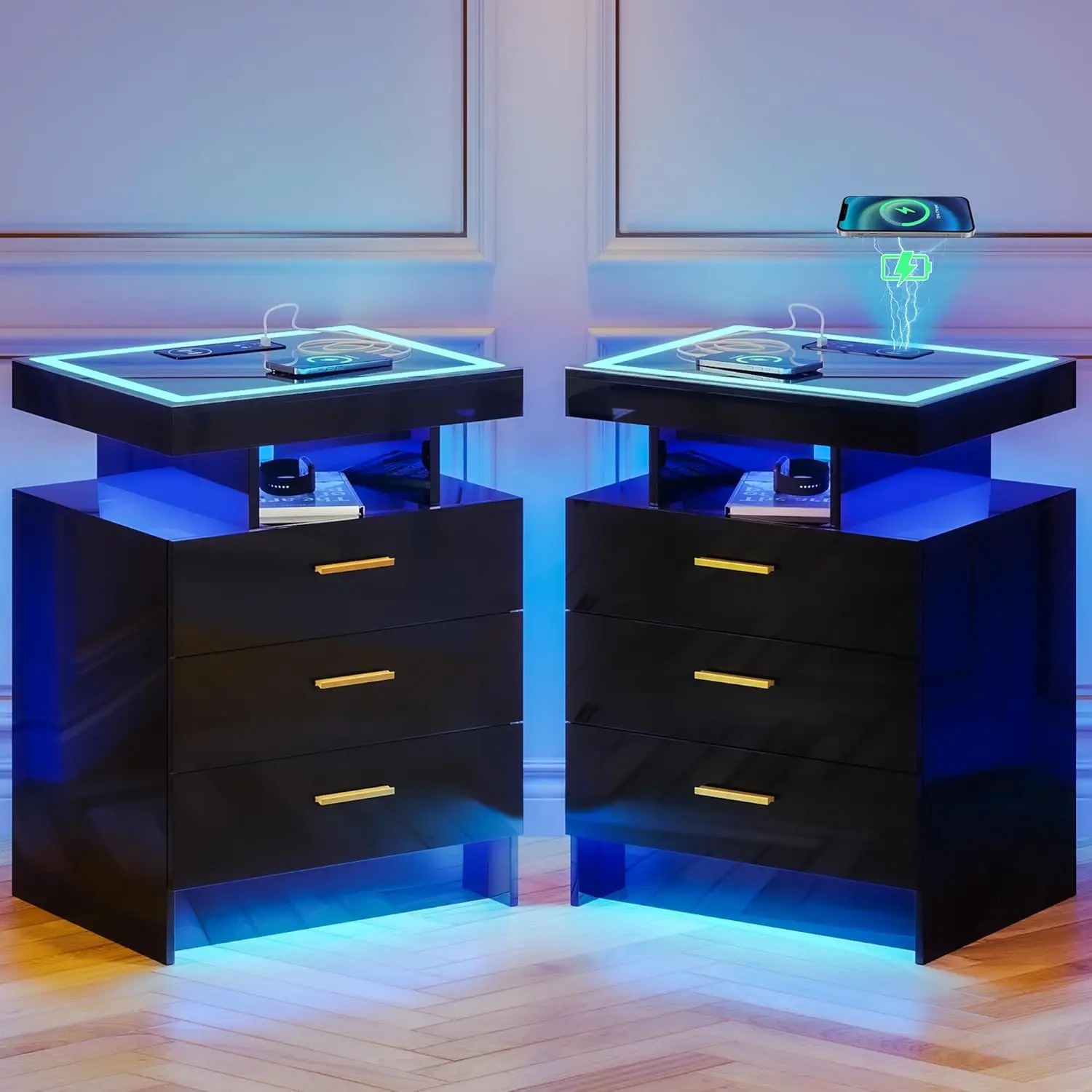 

2 Set Nightstands with Wireless Charging Station, Auto Sensor 3 Color Dimmable LED Night Stand, Modern Bedside Table