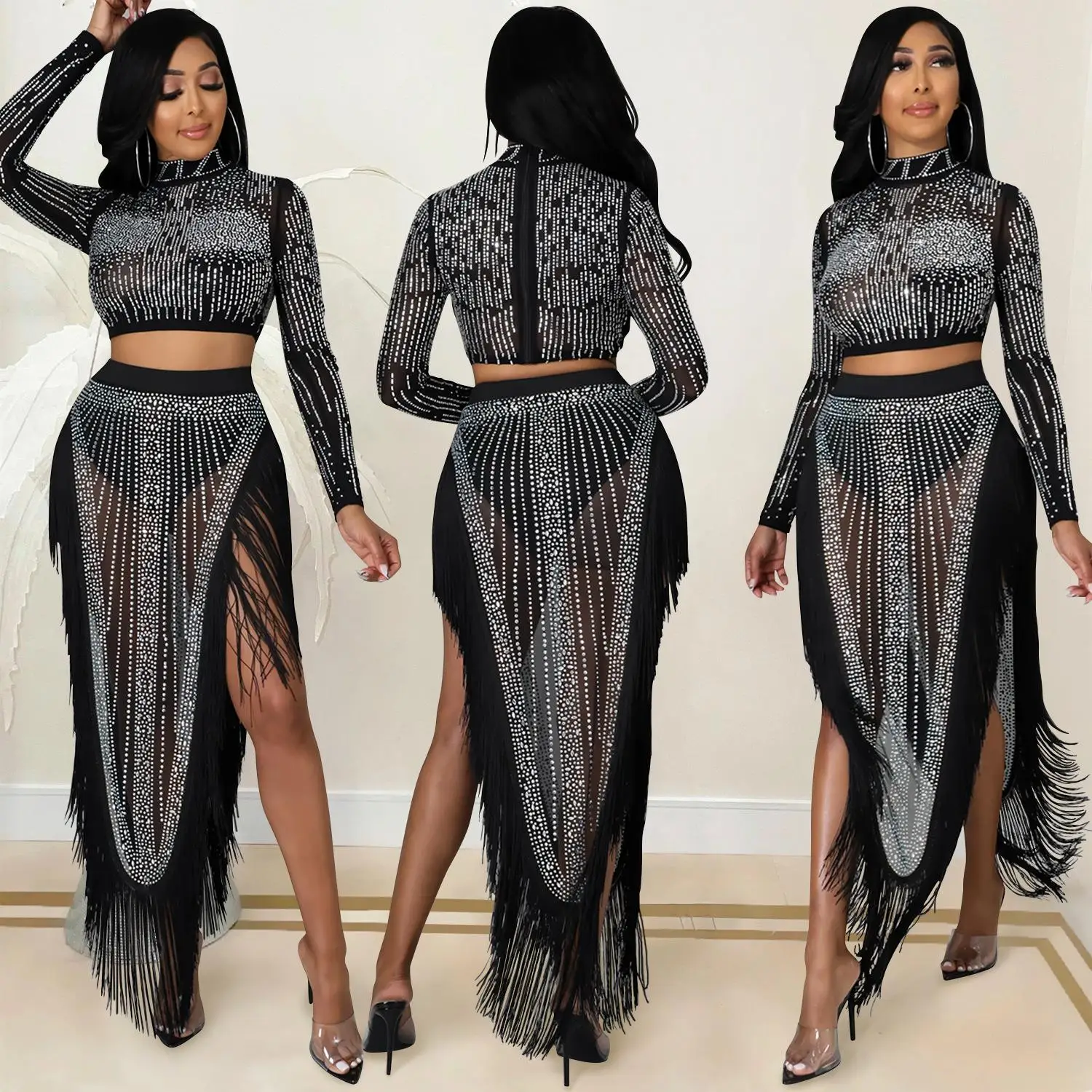 

Elegant Long Sleeve Mesh Skirt Split Two-Piece Set for Women Fashionable Casual Outfit Four Seasons Pure Color Stylish Ensemble