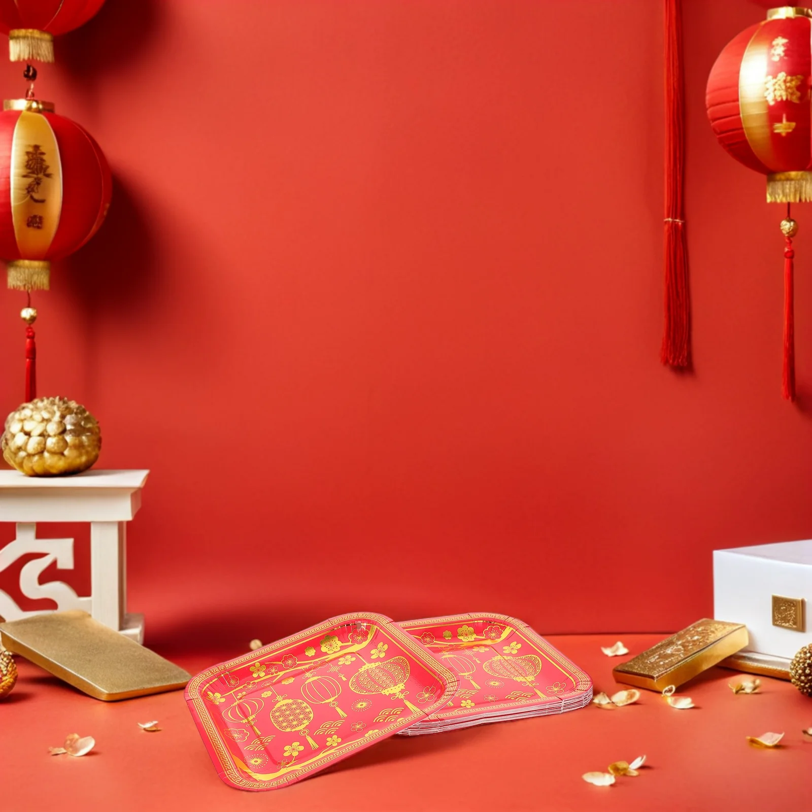 

16pcs Chinese New Year Party Plates Disposable Square Paper Tableware Gold Foil Laminated Colorful Set Eco Friendly Festive