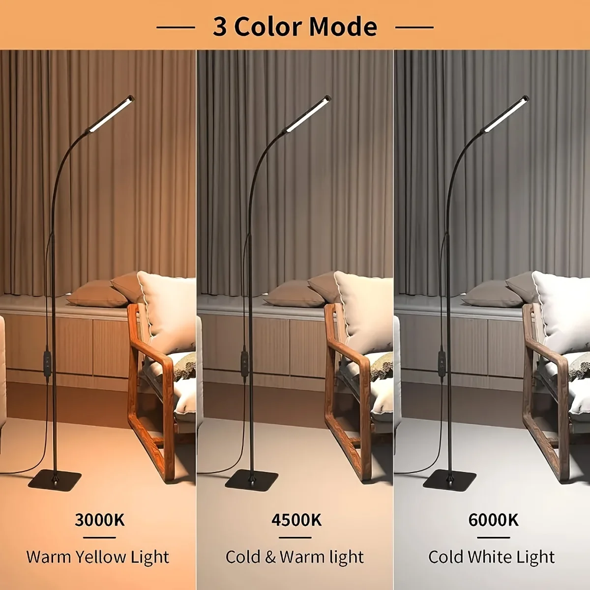 Living Room LED Floor Lamp 360 Degree Adjustable Gooseneck Standing Lamp Dimmable Vertical Reading Lamp USB Plug-in Corner Lamp