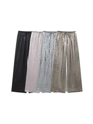 Women's Metallic Straight Pants, High Elastic Waist with Drawstring, Female Trousers, Chic Fashion