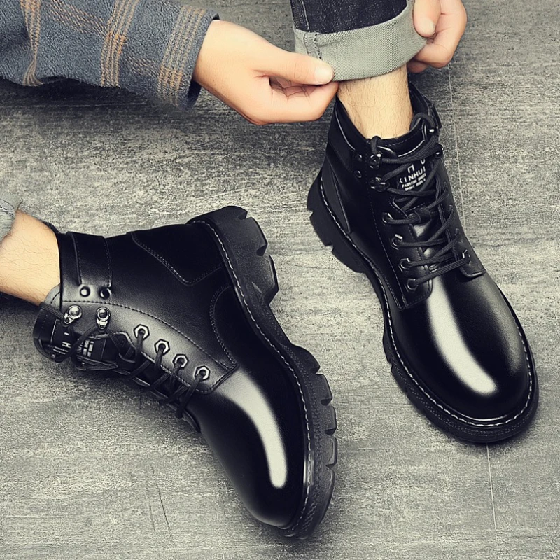 Men's Ankle Boots 2026New Casual High-top Shoes Waterproof Leather Boot Fashion Motorcycle Boots Plush Warm Winter Boots for Men