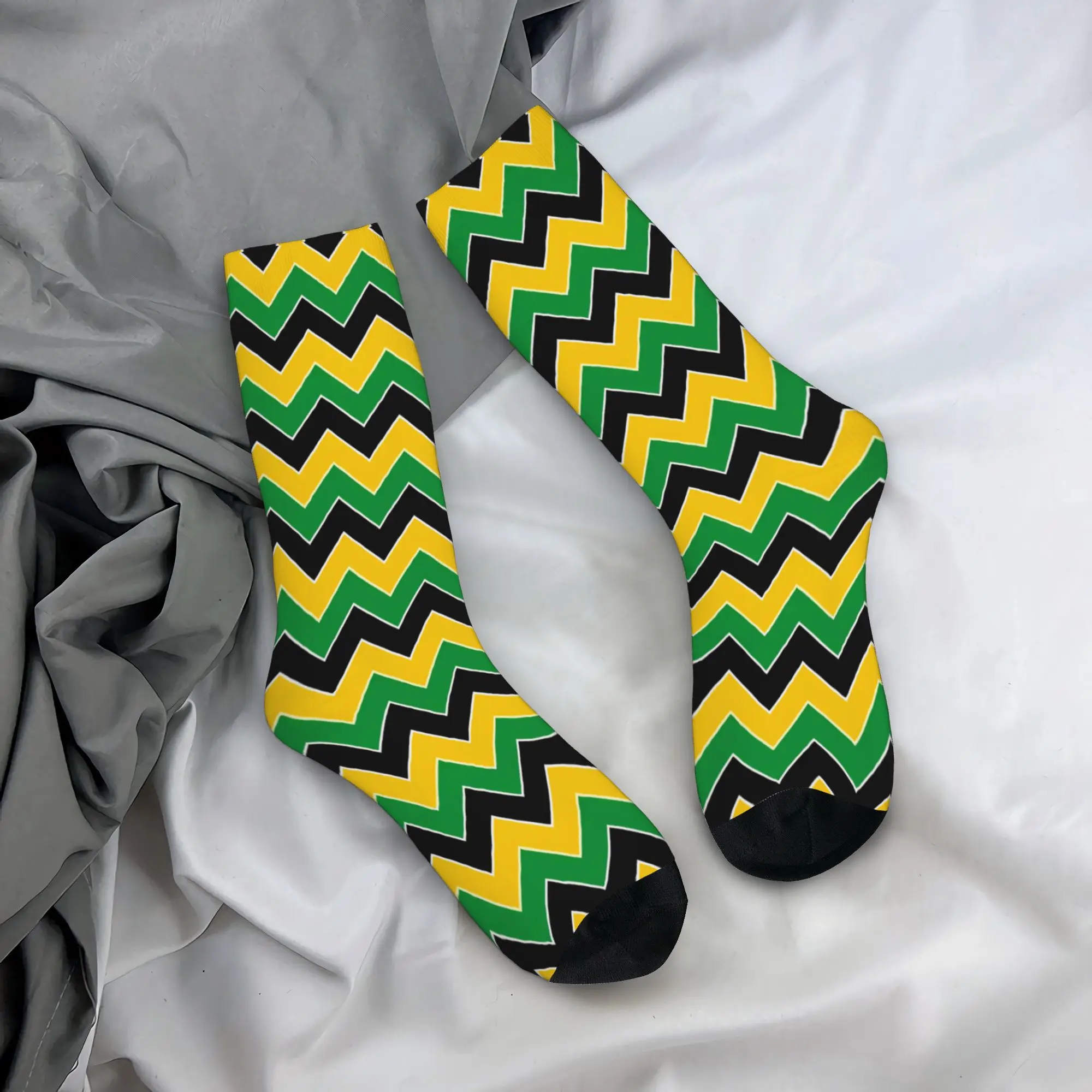 Jamaica Chevron Zig Zag Geometric  Men Women Crew Socks Unisex Cute Black Green Yellow Spring Summer Autumn Winter Dress Socks