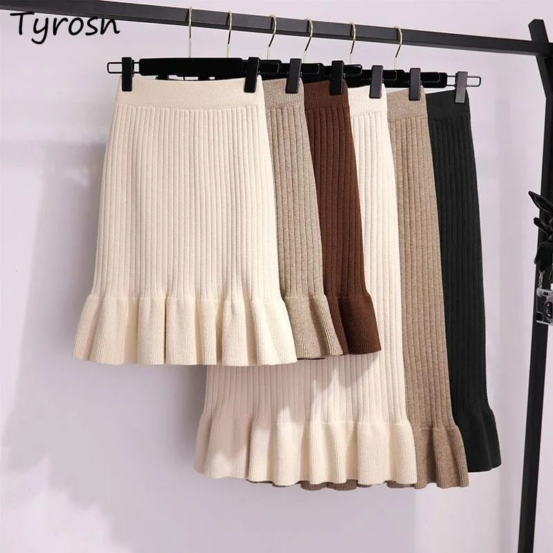 

Knitted Trumpet Skirts Women Autumn Soft Ruffles Tender Hotsweet All-match High Waist Simple Casual Korean Style Fashion Faldas