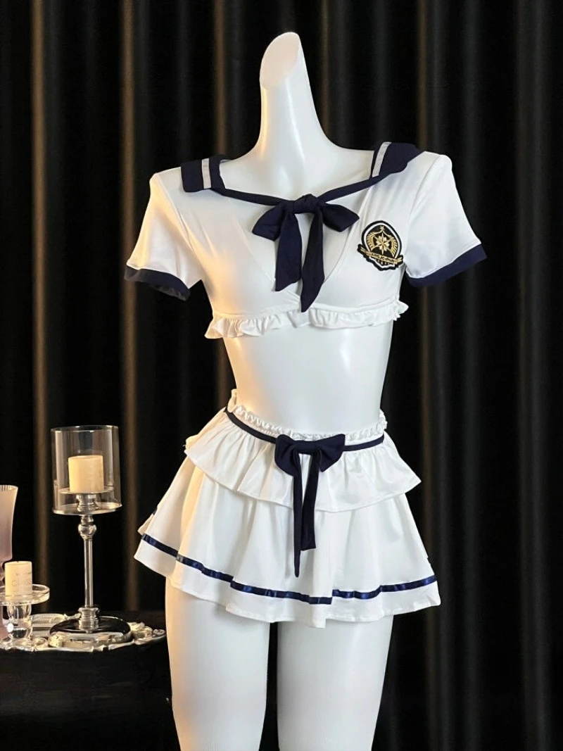 

Сексуальная школьная стильная форма с темно-синим воротником и бантом, плиссированная юбка, соблазнительный женский комплект с глубоким V-образным вырезом, наряд для ролевых игр Pure Desire для романтики