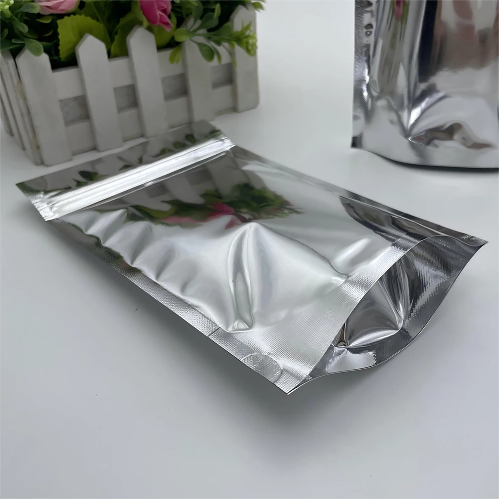 100 個シルバーアルミ箔ジップロック包装袋スタンドアップ再密封可能な光沢のある箔プラスチック熱シール保存ポーチ
