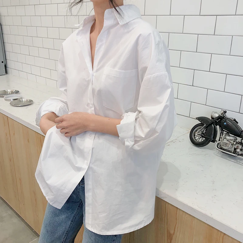 White Cotton Women Shirt 2024 Vintage Long Sleeve Tops Casual Turn-down Collar Loose Blouses 11456