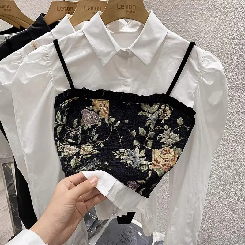 2024 Retro Commuter White Shirt 2-Piece Set Women Spring/Summer High Quality Printed Velvet Sling Vest Bubble Sleeve Top Tide