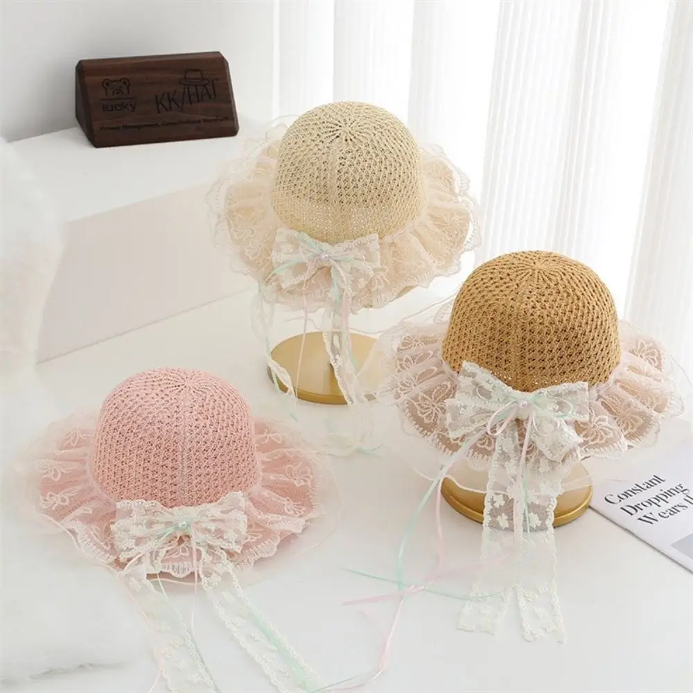 Wide Brim Children Sun Hat Pearl Decoration Breathable Material Sun Hat Lace Trim Straw Material Straw Hat Beach Activities