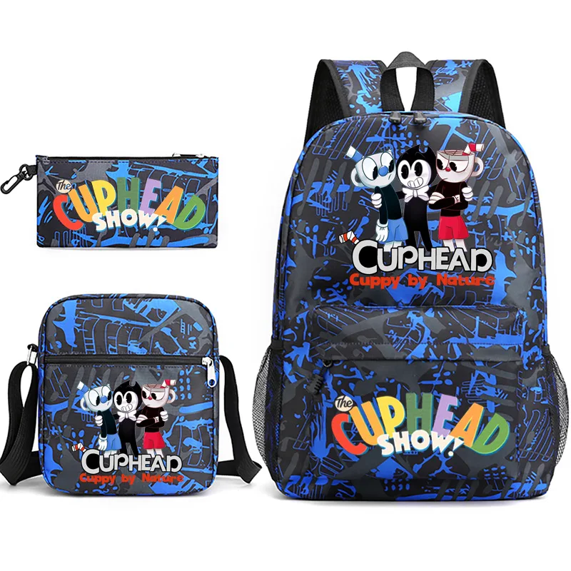 Cuphead Show Game Print Sacs d'école pour étudiants, sac à dos pour ordinateur portable, sac à bandoulière incliné, étui à crayons, classique, populaire, ensemble de 3 pièces