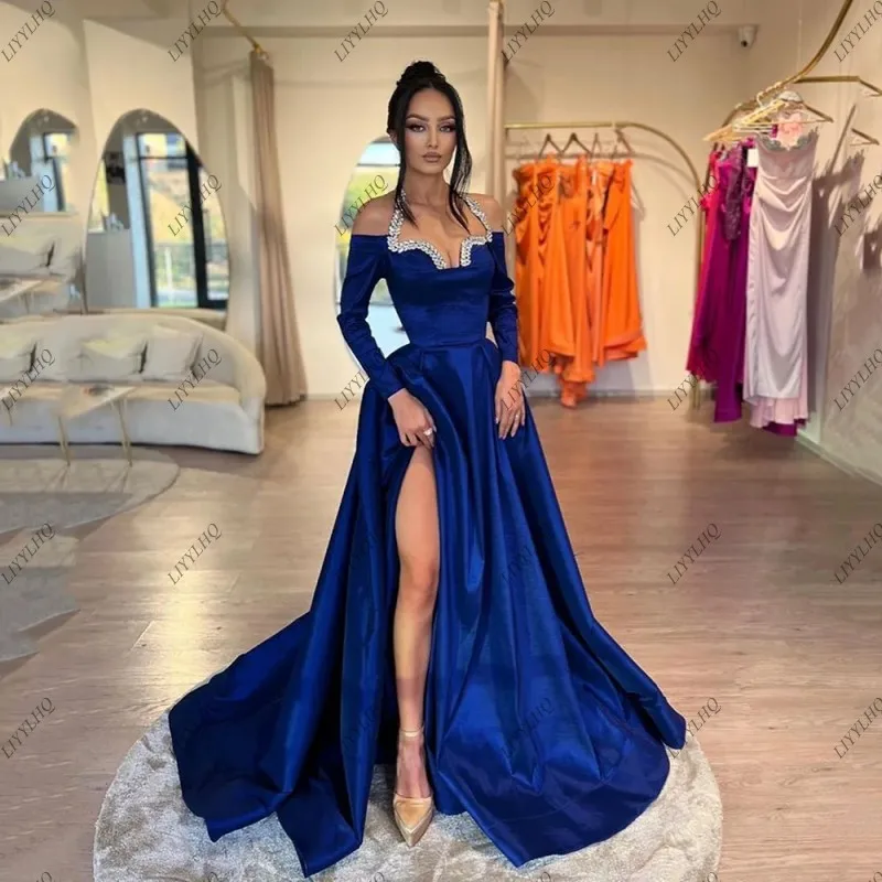 LIYYLHQ Elegant Royal Blue Evening Dresses For Women Sequins Halter Long Sleeves Split Party Prom Gowns Special Occasion Dress