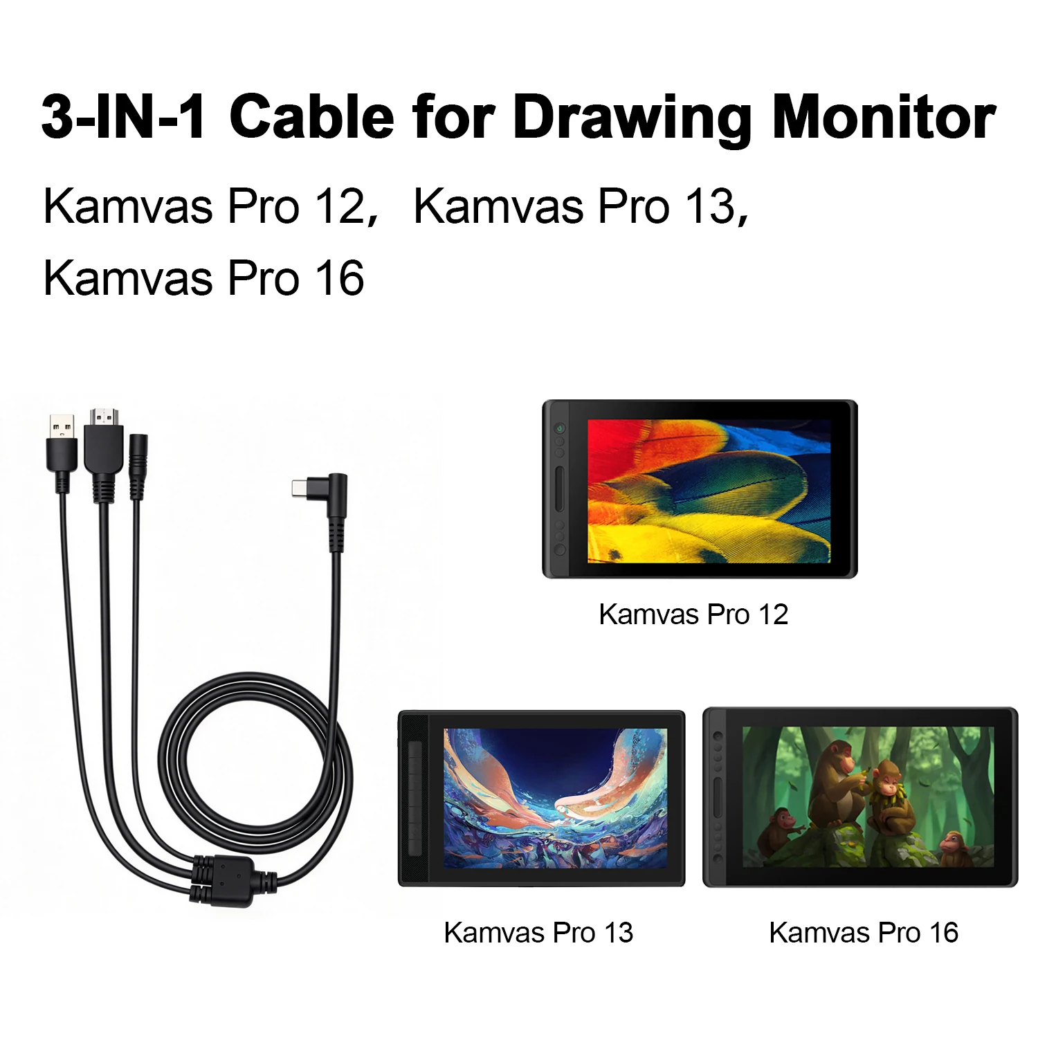3 IN 1 Cable CB01 ONLY CompatibleFor HUION Kamvas Pro 12 / Pro13 / Pro16, Pen Tablet Monitor Cable Replacement