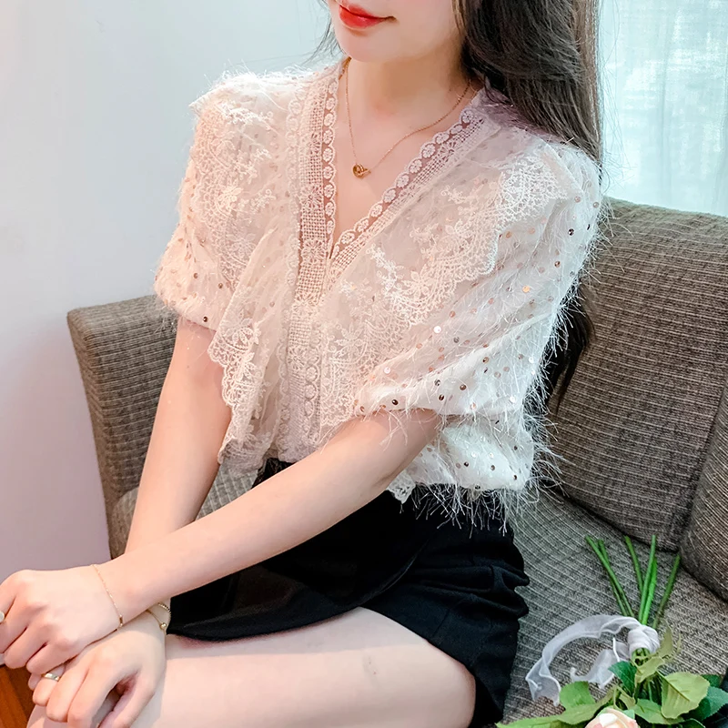 Women Elegant Ruffles Lace Sequins Sweet Chic Blouses 2024 Summer Female Fashion Sexy V Neck Short Sleeve Solid Slim Fairy Tops