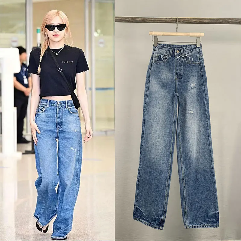 

Slimming High Waist Wide Leg Jeans Women's Faion Casual Straight Leg Denim Pants Spring Summer New Sle Loose Fit Non-Stretch