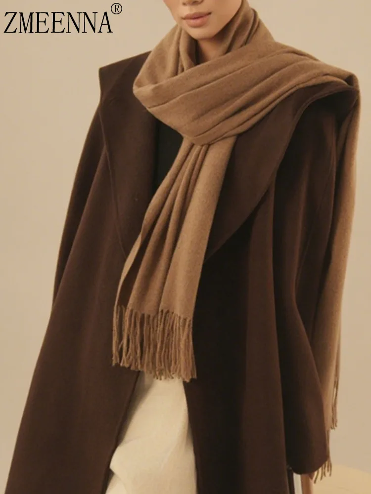 

ZMEENNA Elegant Women's Long Hooded Wool Blend Coat Single Breasted Design With Pockets Warm And Stylish Outerwear ZM3572