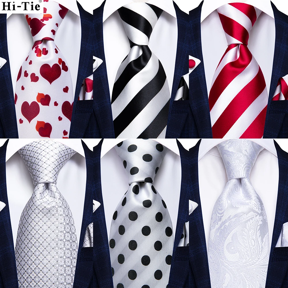 Hi-Tie White Black Red Striped Solid Men Tie Gravata Silk Wedding Tie For Men Hanky Cufflink Fashion Design BusinessDropshipping