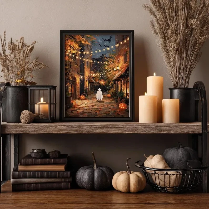 Modern Halloween Ghost In Autumn Street Wall Art Print Canvas Painting Poster Picture For Living Room,Bedroom Home Decor